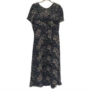 Kay‎ Unger Women's Silk Maxi Floral Dress Size 14 Sheer Cap Sleeve Lined Black